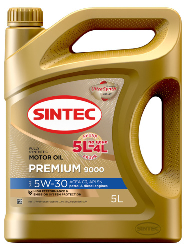 Sintec PREMIUM 9000 SAE 5W-30 API SN ACEA C3 Акция 5л по цене 4л